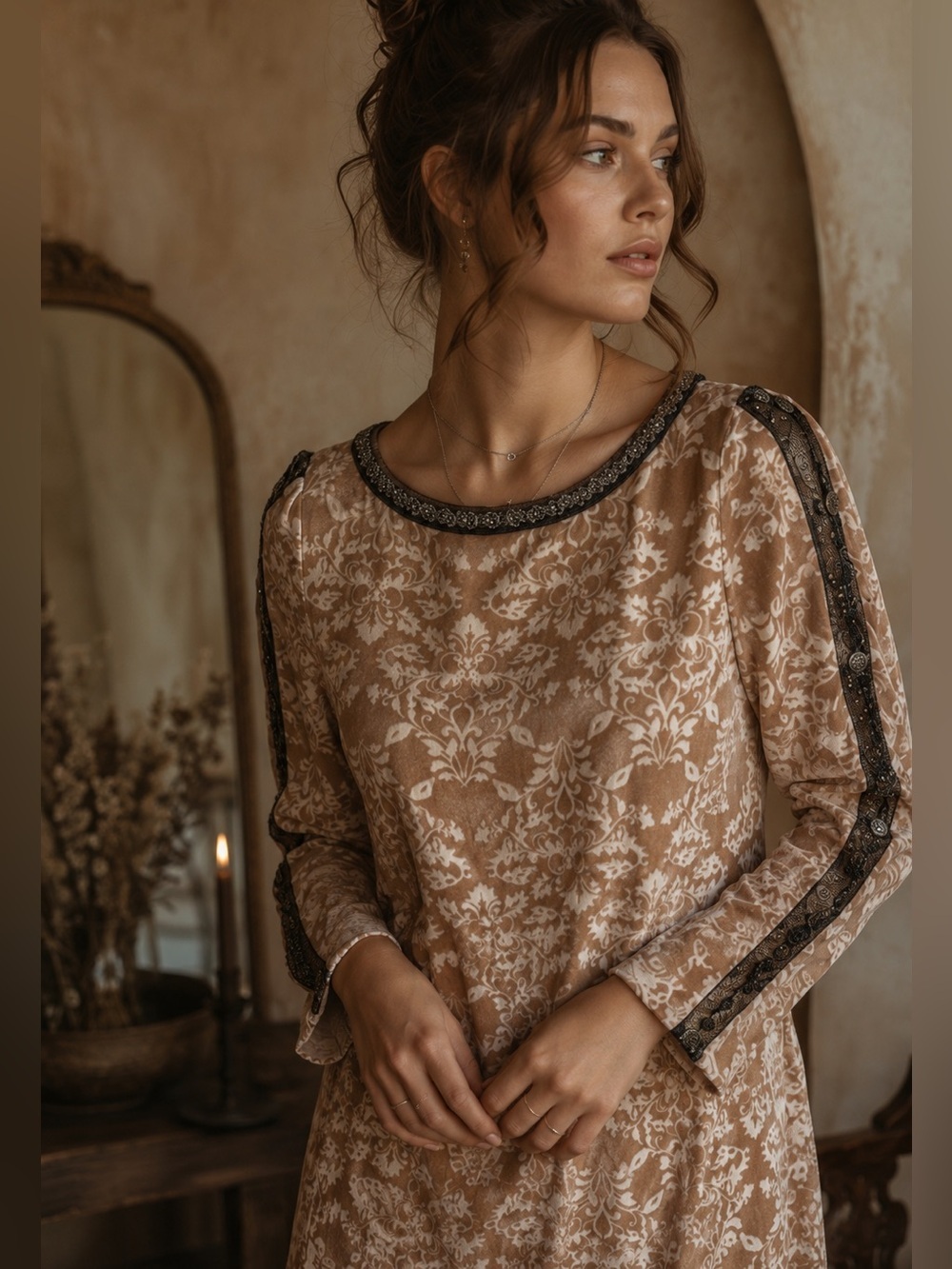 SUNDANCE Champagne Dreams Damask Floral Velvet Dress Beaded Boho 8 Romantic Chic